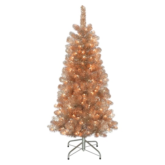 4.5Ft Pre-Lit Tinsel Artificial Christmas Tree, Clear Lights By Puleo International in Rose Gold | 4.5 ft | Michaels®